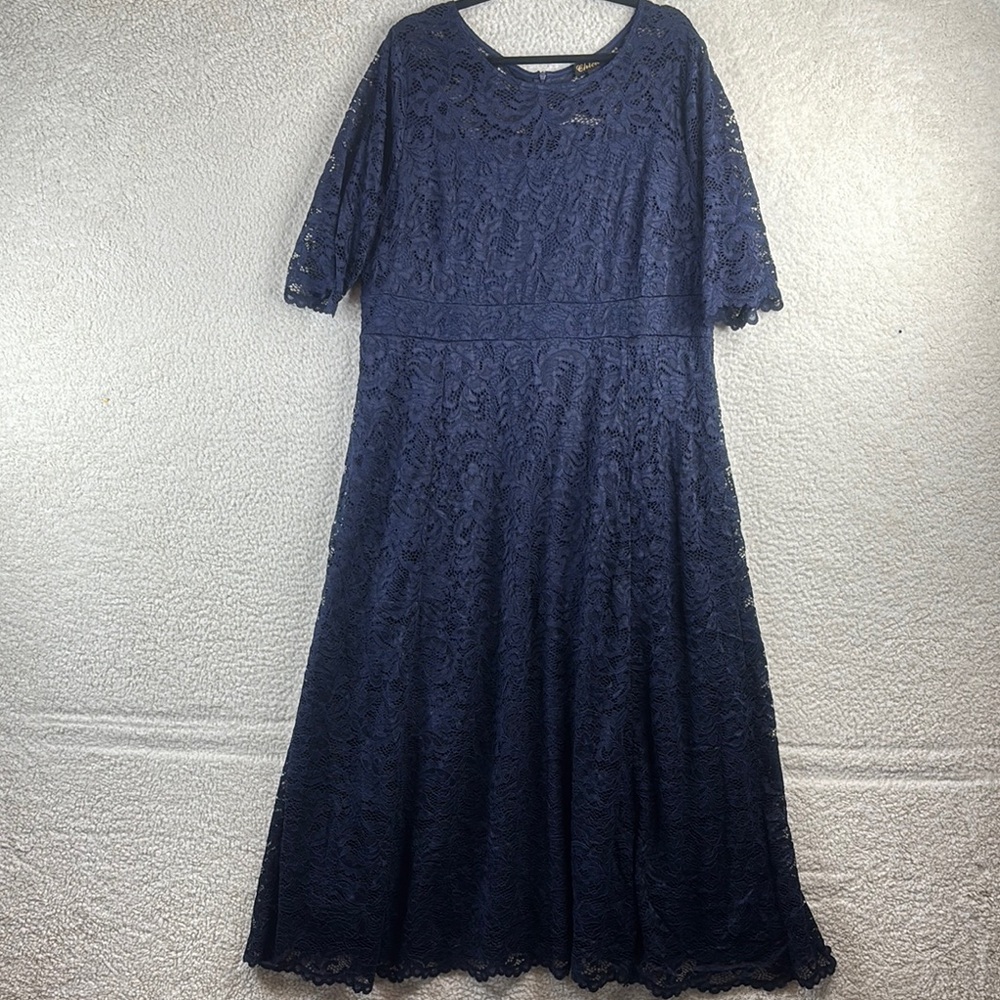 NWOT Chicwe Womens Navy Blue Lace Lined A-Line Midi Dress Gown PLUS SIZE 2X